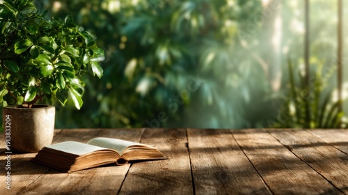 A serene scene featuring an open book resting on a wooden table, complemented by lush greenery, representing knowledge, nature, and the beauty of calm reading environments.