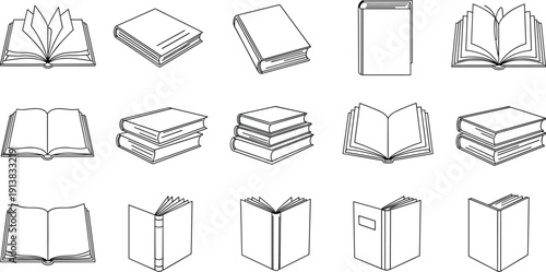 Book and open textbook icon set with stacked volumes reading and education symbols isolated line vector illustration