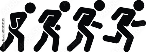 Four black stick figures illustrate a dynamic progression from a crouched ready position to full sprint