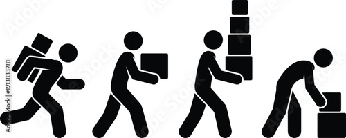 Four black stick figures illustrate different stages of package handling and movement