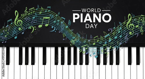 World piano day music notes on piano keyboard with colorful sheet music