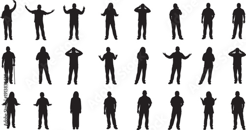Silhouettes of diverse people in various poses arranged in grid formation, illustrating human body language, gestures, and posture diversity in black outlines
