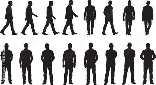 Silhouettes of men in standing and walking poses, showcasing varied postures, gestures, and motion stages for design, animation, and human movement studies