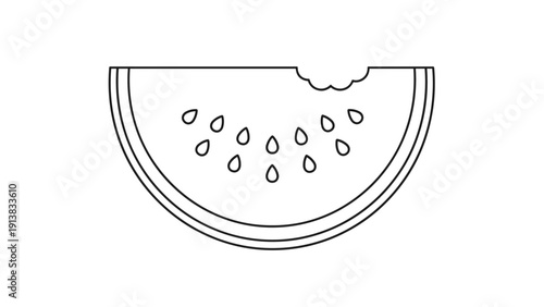Simple black and white outline of a juicy watermelon slice with a bite taken out, featuring prominent seeds for summer fruit themes.
