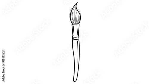 Hand drawn sketch of a classic artist paint brush with bristles and a wooden handle, suitable for creativity and art education concepts.