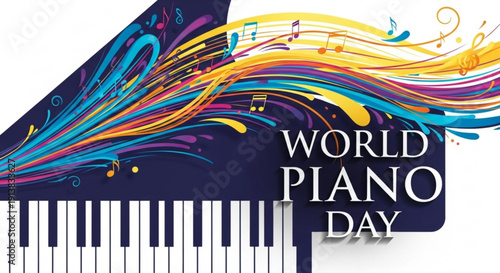 Vibrant world piano day illustration with colorful swirling lines and piano keys on white background