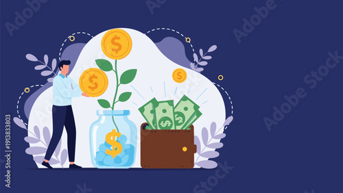 Conceptual financial growth illustration showing a person placing a large gold coin onto a money plant growing from a glass jar.