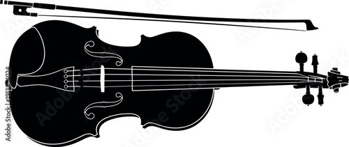 Black Flat Silhouette Vector Illustration of a Classic Violin with Bow Musical String Instrument for Orchestra Concert Symphony Performance Arts and Creative Music Design