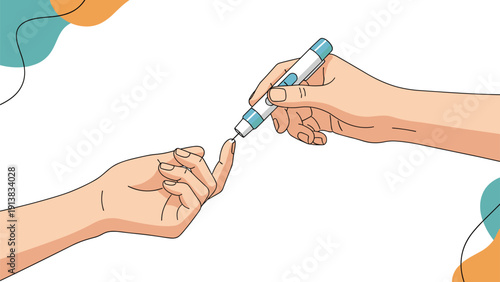 Medical illustration depicting a blood glucose test where a device is used to prick a finger for diabetes monitoring and health care.