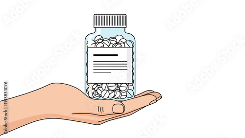 Simple illustration of a hand holding a transparent pill bottle filled with white tablets, focusing on medicine intake and healthcare.