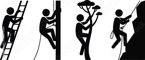 Four stick figure illustrations demonstrating different climbing techniques including ladders, ropes, trees, and mountains