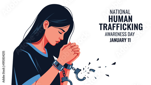 Illustrative poster for National Human Trafficking Awareness Day on January 11 featuring a praying woman in handcuffs.