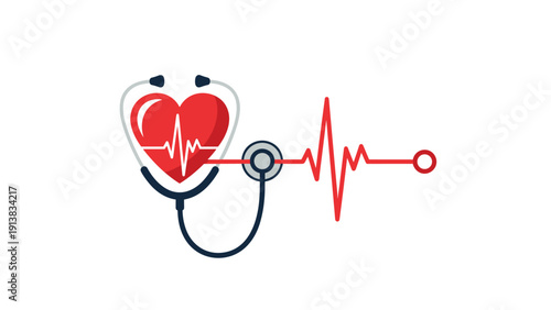 Healthcare and cardiology concept icon featuring a red heart with a stethoscope and a rhythmic heartbeat EKG line pulse.