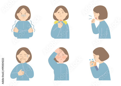 風邪を引いた女性のイラストセット