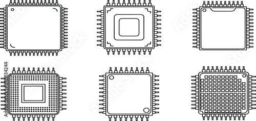 Computer Processor Icon Set featuring CPU Microchips, Semiconductor Hardware, Electronic Circuit Components, Digital Technology Architecture, and Motherboard 
