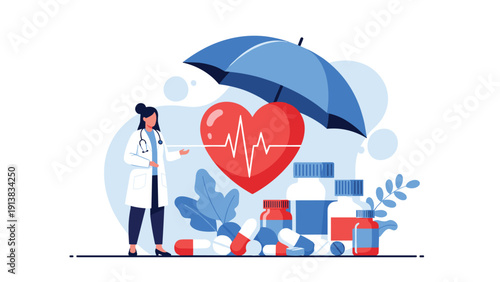 Female doctor standing next to a large red heart under a protective umbrella surrounded by medical pills and bottles.