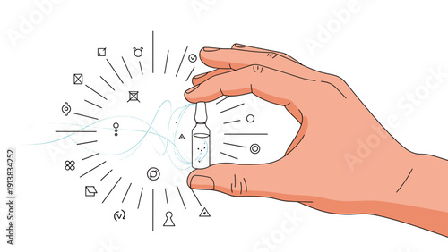 Hand holding a small glass medical ampoule with scientific symbols and blue energy lines swirling in the background.