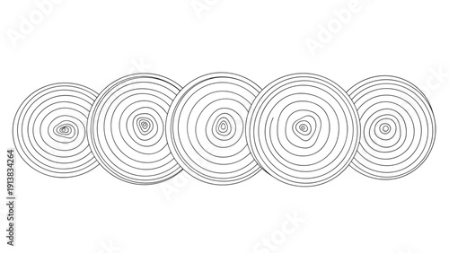 Row of five circular wood slices showing detailed growth ring patterns in a black and white line art illustration.