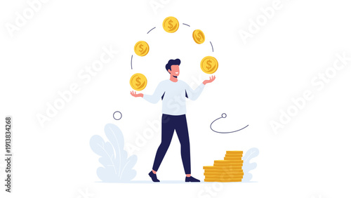 Successful businessman juggling gold dollar coins with a stack of coins nearby in a modern flat illustration style.