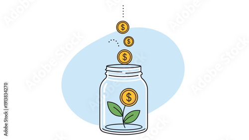 Savings and growth concept showing gold coins falling into a transparent glass jar where a small green plant is growing.