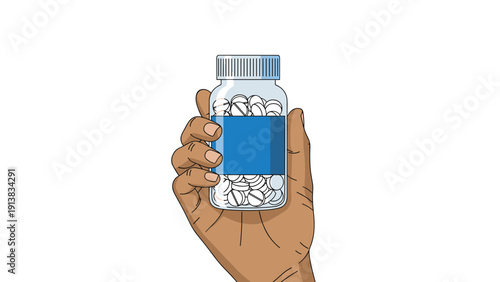 Close up of a brown hand holding a transparent pill bottle filled with white capsules against a white background.