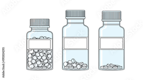 Three medical glass bottles with white caps and labels containing different amounts of pills on a white background.