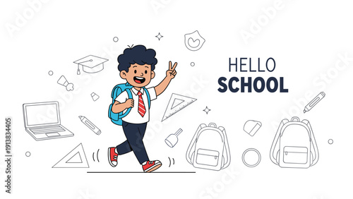Happy young boy with a backpack walking and making a peace sign victory gesture surrounded by school supply outlines.