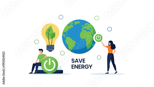 Environmental conservation illustration with people switching off lightbulbs next to a globe and green power symbols.