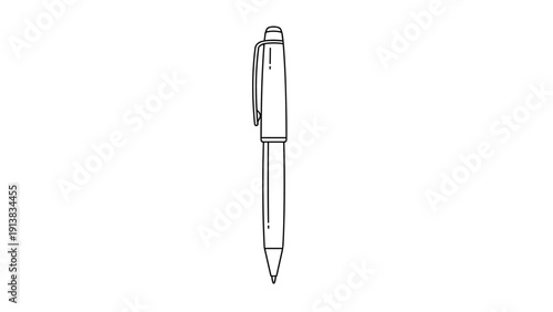 Simple black and white line art drawing of a standard ballpoint pen oriented vertically on a white background.