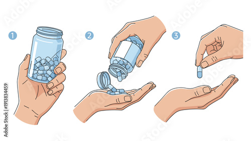 Three step instructional graphic showing how to pour pills from a bottle into a hand and taking a single capsule.