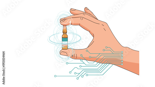 Advanced medical technology concept with a human hand holding a glass ampoule with digital circuit board lines.