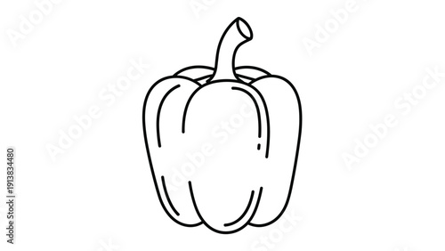 Minimalist black and white line art drawing of a whole fresh bell pepper vegetable isolated on a white background.