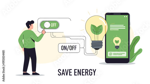 Smart energy management concept featuring a man switching off a power button linked to a lightbulb and a smartphone.