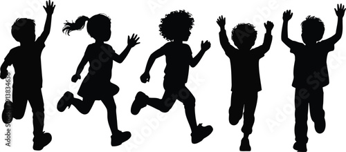 Happy energetic children silhouettes joyfully run and jump together in a cheerful playful group on a clean white background