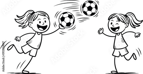 Happy cartoon girls enjoy playing soccer with flying footballs in an energetic and fun outdoor game