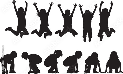Silhouettes of children in jumping motion sequence, showing pre-jump crouching and mid-air poses, illustrating energy, playfulness, and biomechanics in black outlines