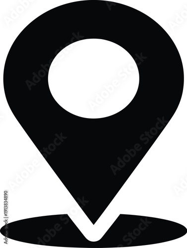 Minimalist black vector location pin icon with a circular center, isolated on a transparent background, ideal for UI design and mapping applications.