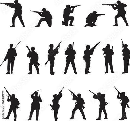 Military Soldiers Various Shooting Positions Vector Illustration