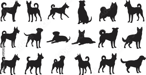 Silhouettes of sixteen different dog breeds arranged in grid formation, showcasing distinct shapes, postures, and characteristics for breed recognition and design purposes