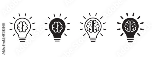 Vector illustration of four black and white light bulbs with human brains inside, depicting ideas and intelligence, isolated on a transparent background.