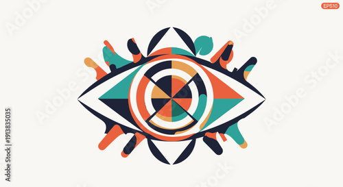 Abstract eye graphic with concentric circles and surrounding abstract shapes, on a white background
