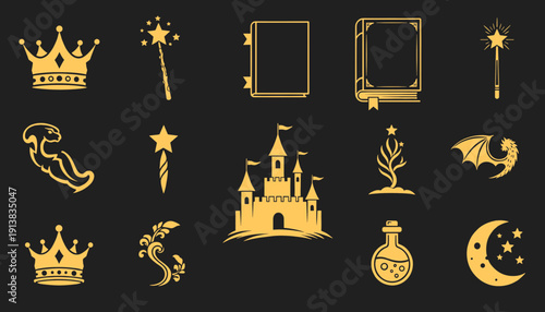 Collection of golden fantasy icons including castles, crowns, magic wands, potion bottles, and celestial elements for creative projects