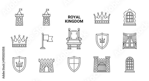 A collection of royal kingdom icons representing castles, crowns, shields, and thrones