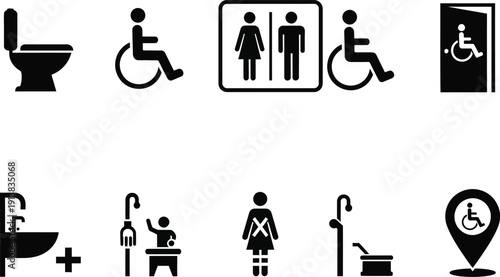 Set of eight black and white icons related to bathroom facilities, accessibility, and hygiene