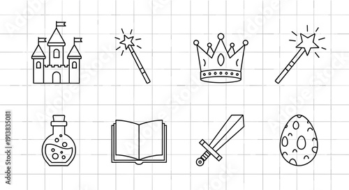 Fantasy Kingdom Icons Castle, Magic Wand, Crown, Potion, Book, Sword, and Dragon Egg