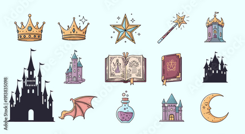 Fantasy Icons Magical Castle, Crown, Wand, Potion, Star, and Crescent Moon Illustrations