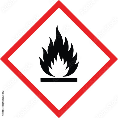 A diamond-shaped hazard symbol indicates a flammable material warning.