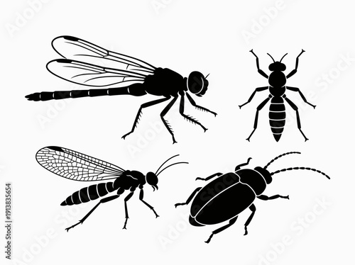 Silhouettes of Various Insects Including Wasps and Beetles in Vector Format