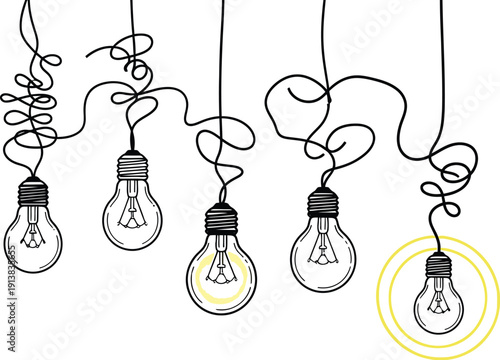 Light bulbs hang with tangled cords highlighting one illuminated idea.