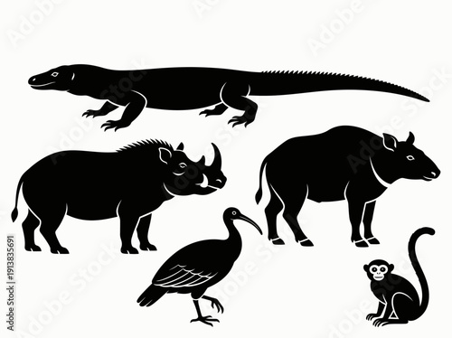 Silhouettes of prehistoric animals and monkey in a graphic illustration
